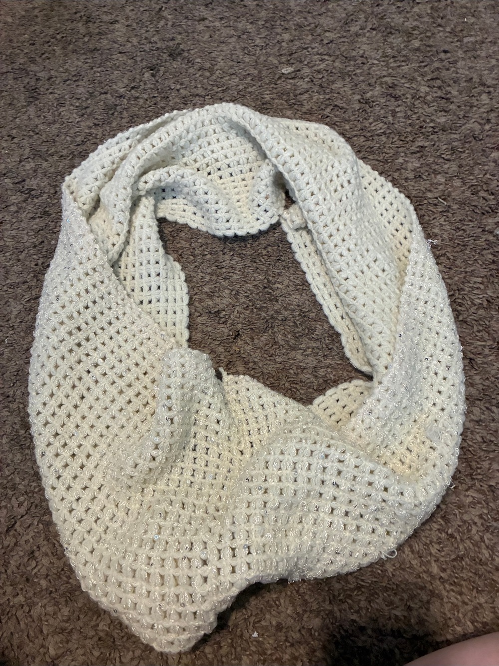 Cream Crochet Infinity Scarf with Subtle Sparkle
